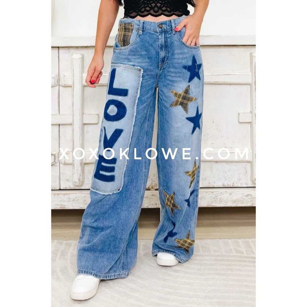 Oli & Hali Love + Stars Wide Leg Baggy Jeans | Patched Denim